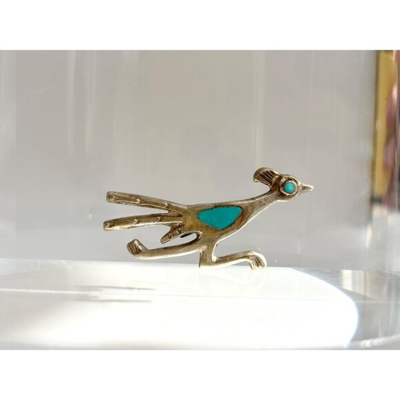 Navajo Road Runner Sterling Silver Turquoise Southwest Vintage Brooch - Picture 3 of 10